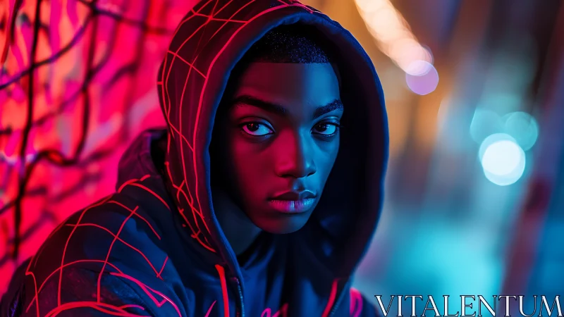 Neon-hooded gaze in cyber glow and electric night hush.