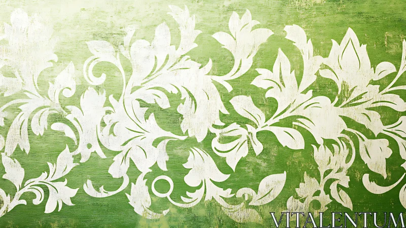 White floral stencil pattern on textured green background.