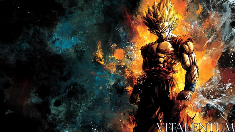 Fiery anime warrior stands blazing against cosmic darkness