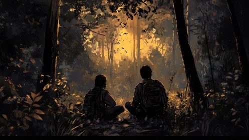 Two figures positioned in forest with golden atmospheric lighting
