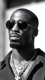 Monochrome street icon in shades, chains and sharp sunlight.