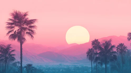 Neon desert sunset silhouettes tropical palm tree skyline