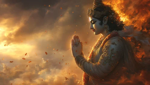 Digital painting of divine figure in luminous prayerful profile.