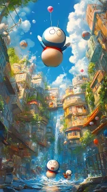 Robot balloons drift through sunlit waterfall city canyon.