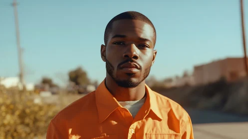 Man in orange shirt under warm outdoor sunlight portrait.