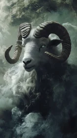 Digital painting of spectral ram emerging from swirling clouds.