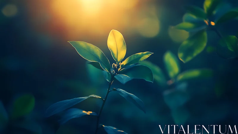 Backlit leaf stem in shallow depth field under warm sunset glow
