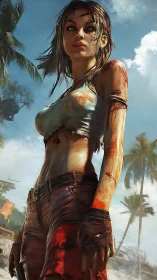 Photorealistic survivor heroine under tropical combat lighting.