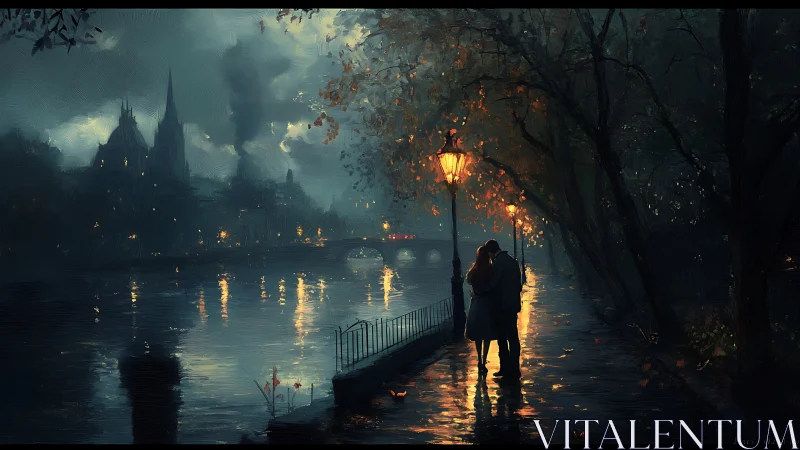 Rainy Evening Waterfront Romance. Gothic Castle Silhouette.