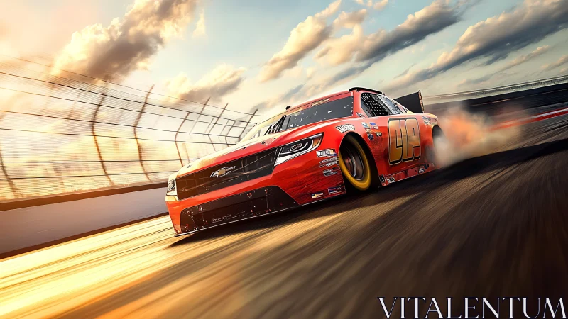 Red stock car races on banked track under warm sunset light