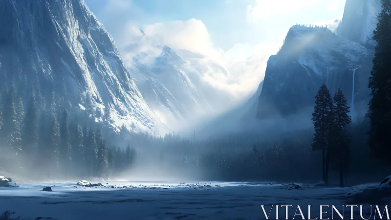 Snow-covered valley lies between steep granite mountain walls