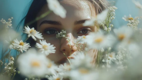 Woman's face surrounded by delicate white daisies in dreamy bokeh