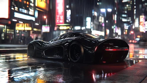 Aerodynamic hypercar under neon rain in reflective cityscape.