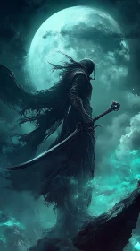 Hooded wraith with sword under full moon on cliff edge.