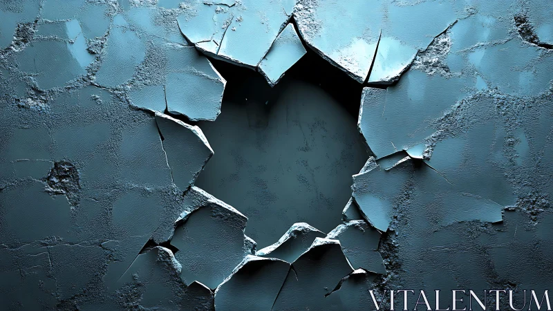 Cracked Blue Concrete Wall with Large Central Hole, Realistic Style.