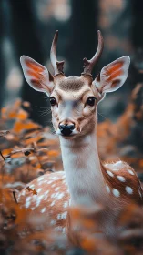 Spotted young deer standing alert in soft forest foliage.
