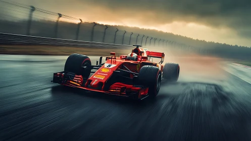 Red Formula racing car on wet circuit under overcast sky.