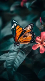 Macro study of orange butterfly on leaf with shallow depth