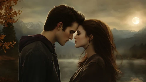 Two figures positioned in close proximity against mountainous landscape backdrop