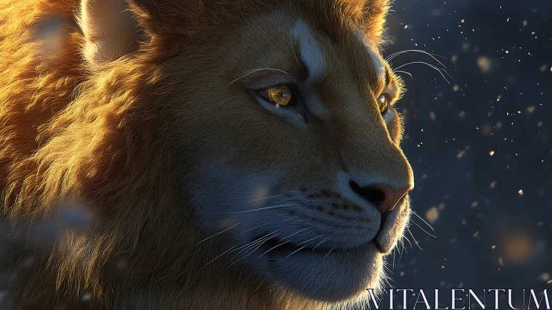 Golden light on lion closeup with soft glowing particles.