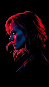 Neon-lit resolve in electric blue and crimson silhouette.