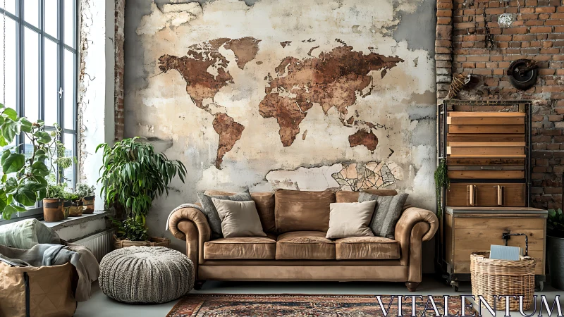Industrial loft living room with rustic world map mural wall.