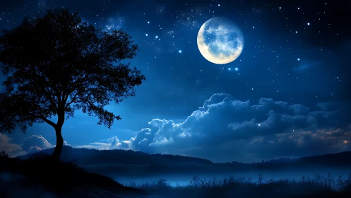 Luminous full moon over misty nocturnal landscape.