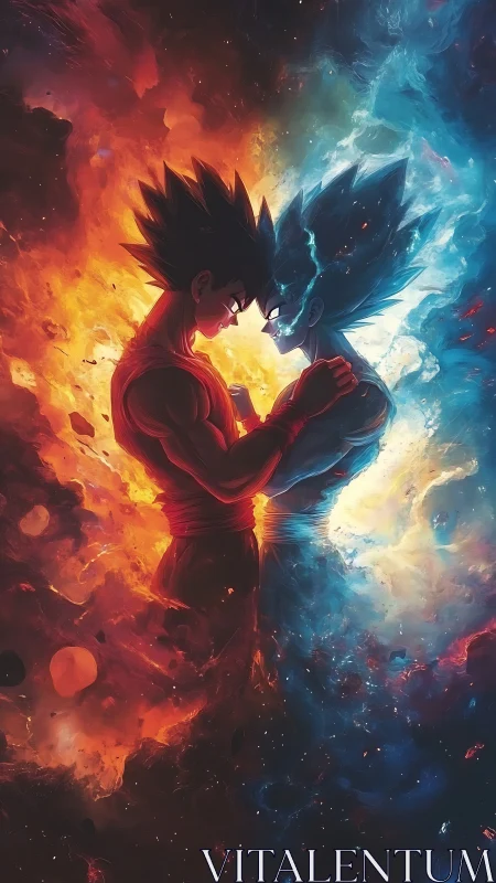 Fiery and icy anime warriors locked in cosmic standoff.