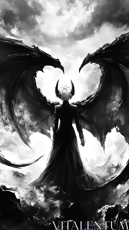 Monochrome winged figure confronts twin draconic forms in storm