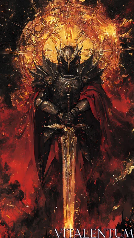 Heavily armored dark knight before blazing celestial sigil