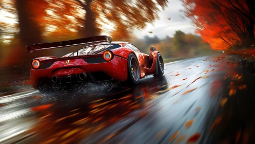 Red sports car racing on wet forest road in autumn