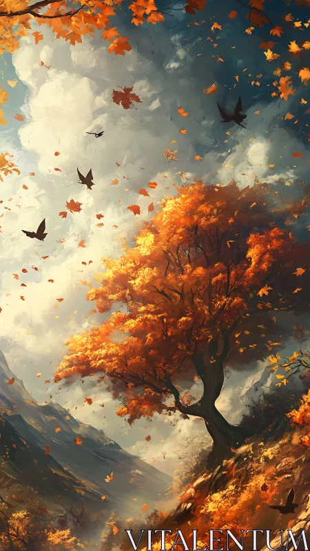 Vertical landscape shows lone autumn tree on sloped valley