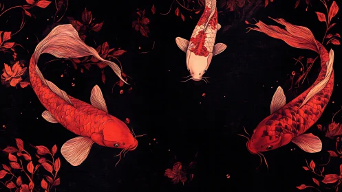 Red koi carp trio rotate in radial symmetry on black field