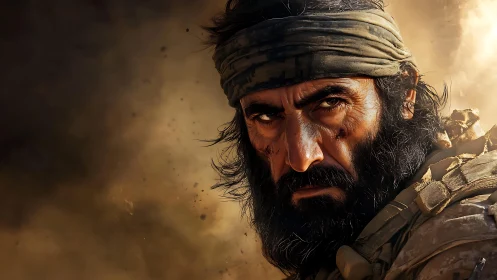 High-resolution tactical portrait of battle-worn soldier.