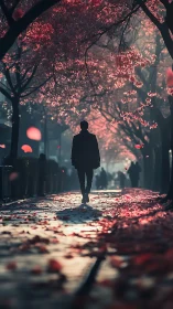Solitary figure under pink blossom trees at dusk.