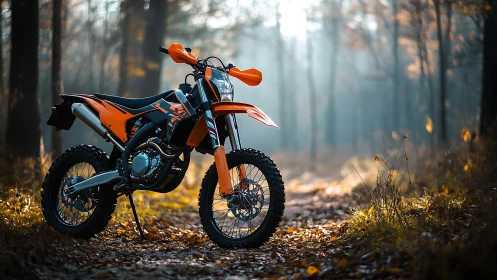 Trail-ready orange dirt bike under soft forest sunlight.