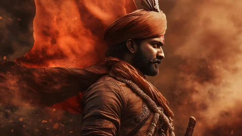 Warrior in orange turban stands in profile amid swirling dust