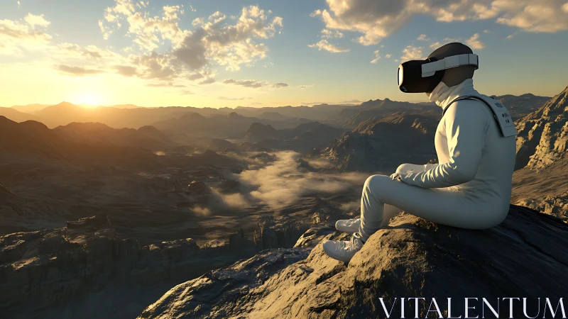 VR-equipped explorer observes procedurally lit rocky canyon at dawn