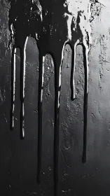 Glistening black paint slowly drips down a textured wall