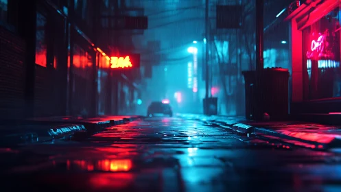 Neon-lit rainy alley recedes into depth with cinematic bokeh