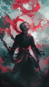 Stormlit warrior rises amid swirling red arcane power