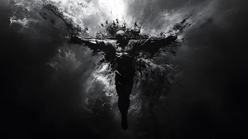 Cruciform figure shatters through monochrome storm clouds.