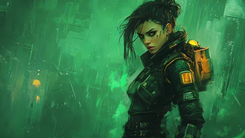 Cybernetic scout in luminous green particulate haze.