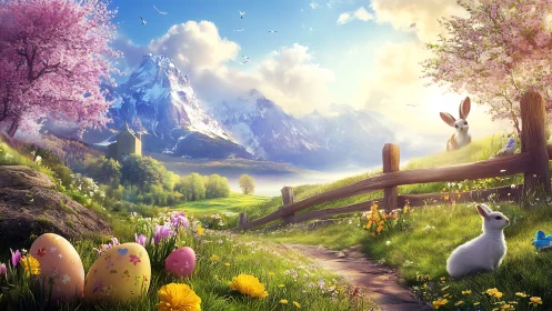 Spring valley landscape with rabbits, flowers and mountains.