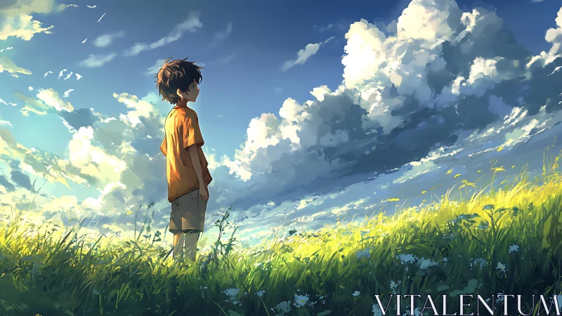 Boy in orange shirt contemplates drifting clouds over sunlit hill