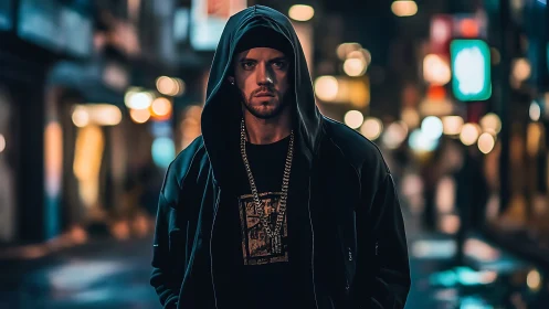 Hooded street portrait in neon city bokeh at night.