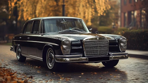 Elegant vintage black sedan gliding through autumn light.