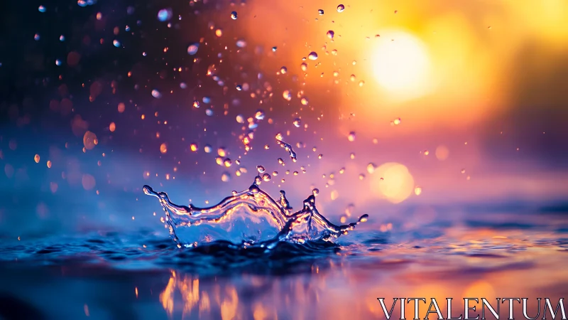 Sunset-lit water crown dances in a neon twilight splash.