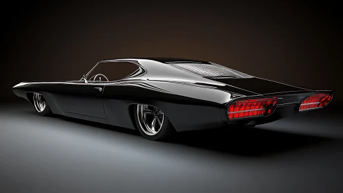 Sculpted black muscle car rendered in dramatic studio light.