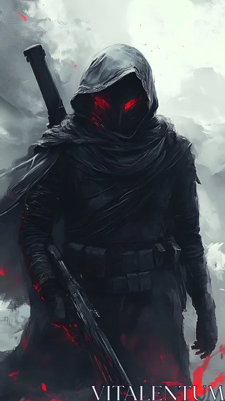 Hooded armored warrior with red glowing eyes in smoke.
